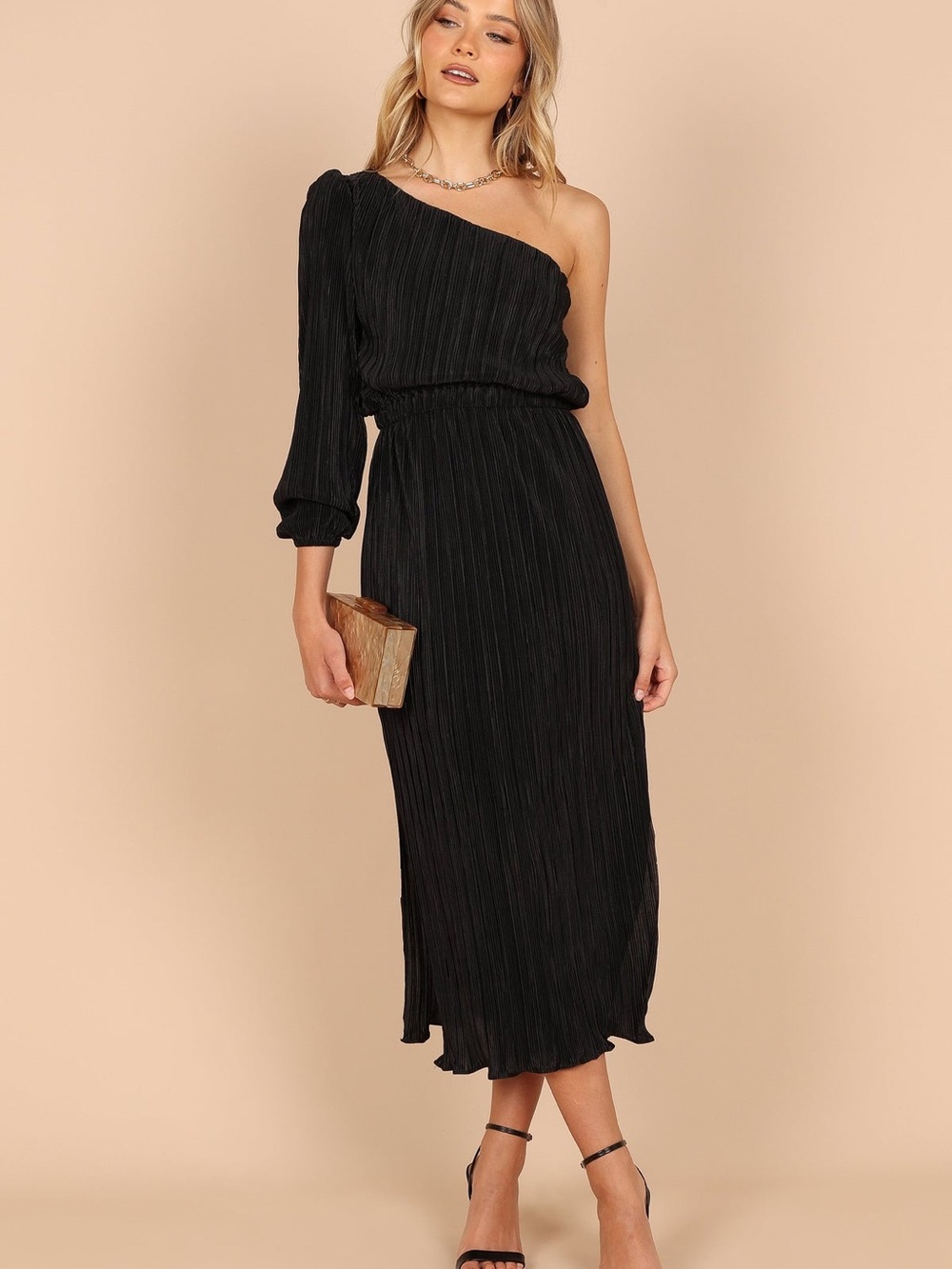 Petal & Pup One-Shoulder Black Pleated Midi